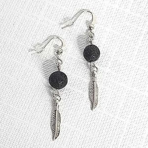 Black Lava Stone & Feather earrings